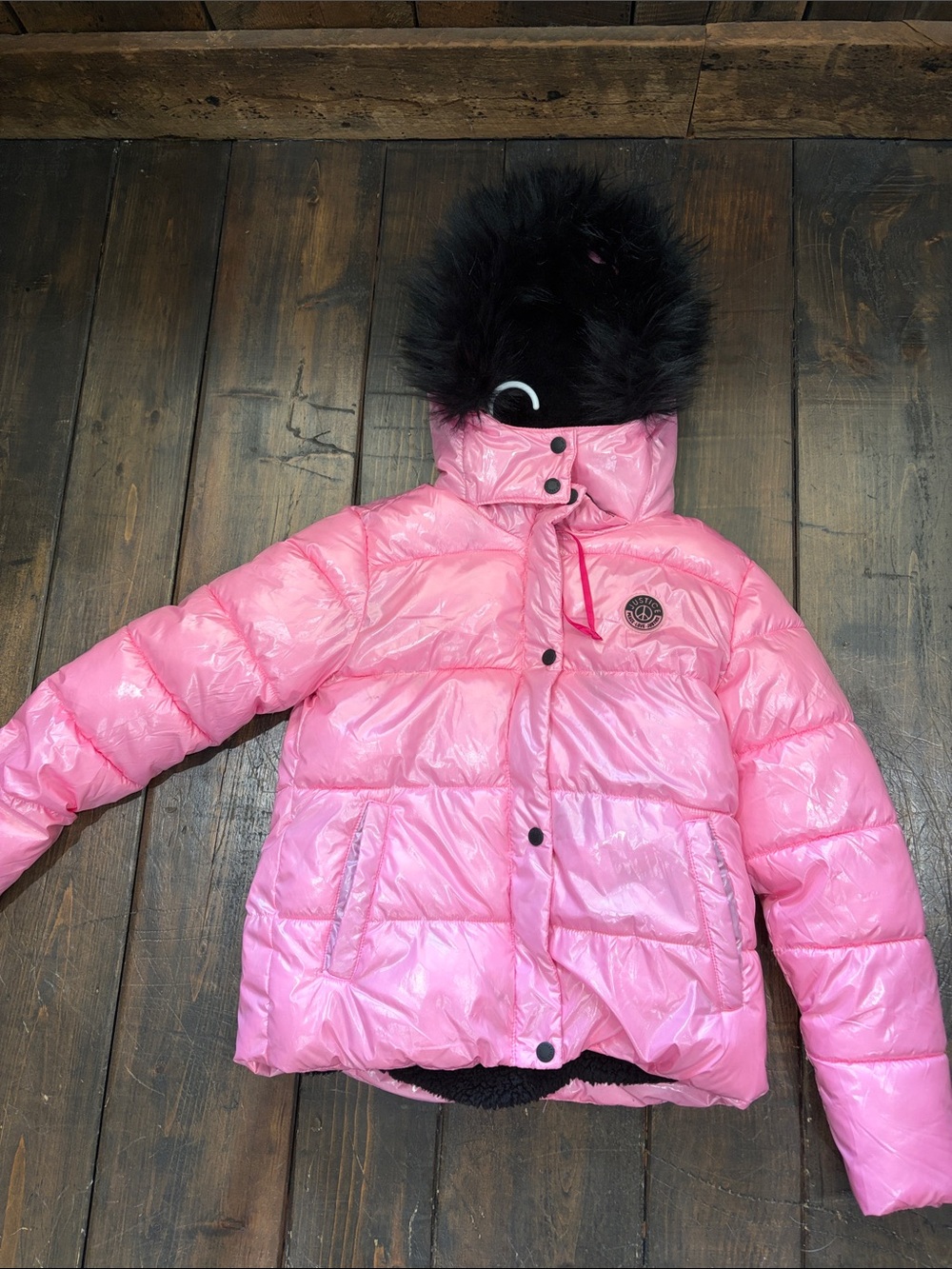 Justice Pink Shiny Puffer Jacket with Faux-Fur Hood